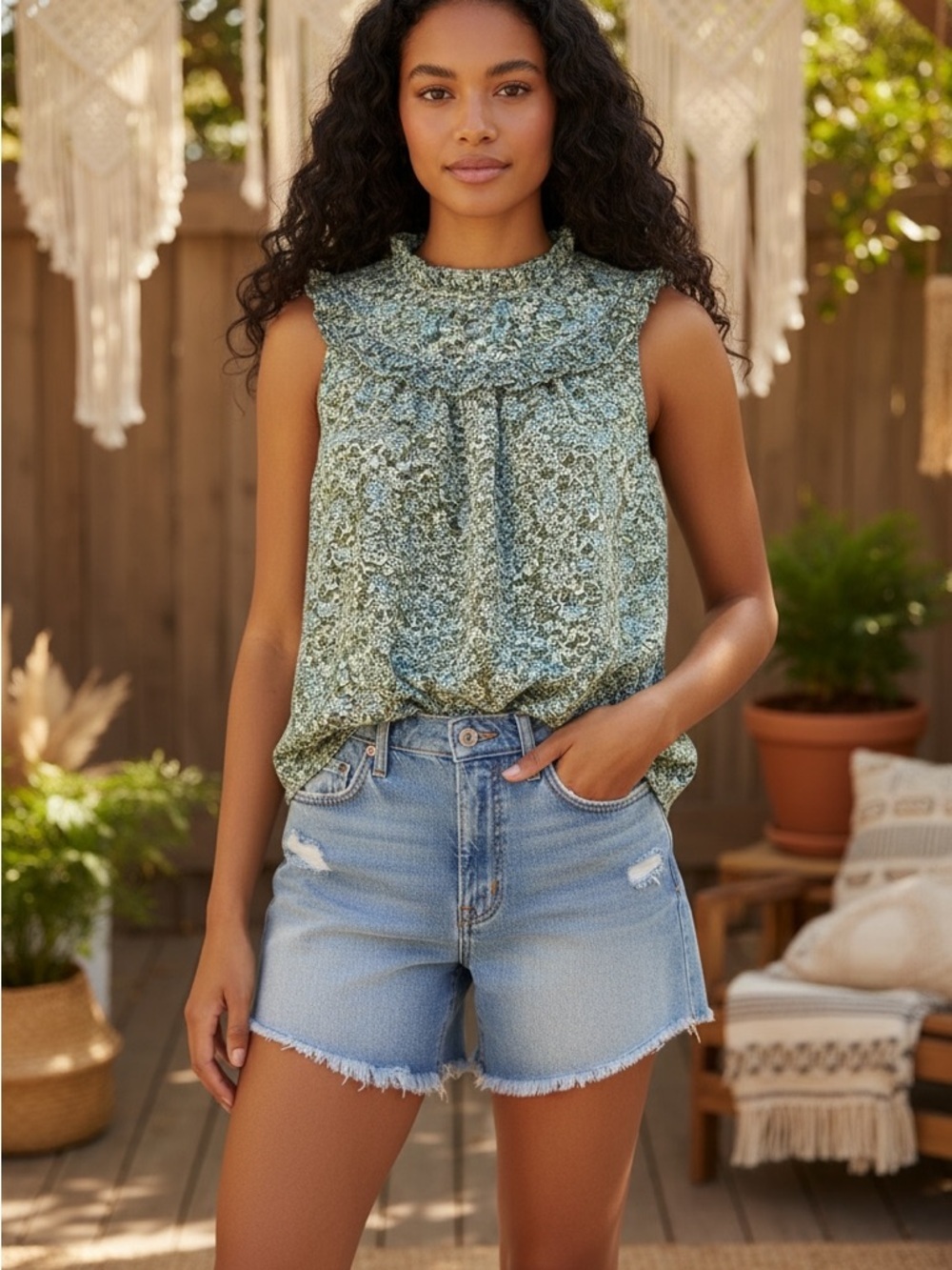 LC Lauren Conrad Green Floral Ruffle-Yoke Sleeveless Top
